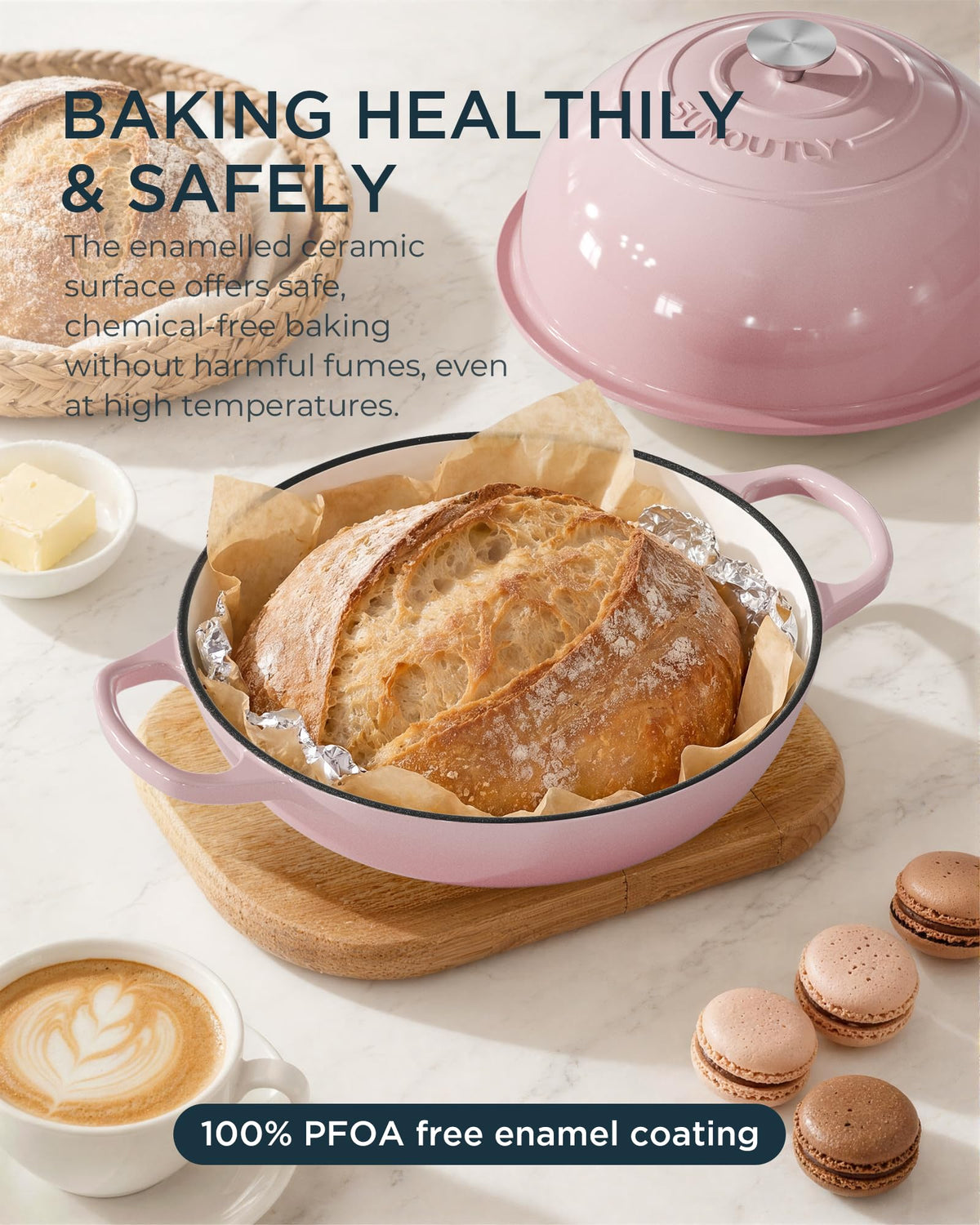 Enameled Cast Iron Dutch Oven for Bread Baking, 6QT Meatloaf Pan, Pink