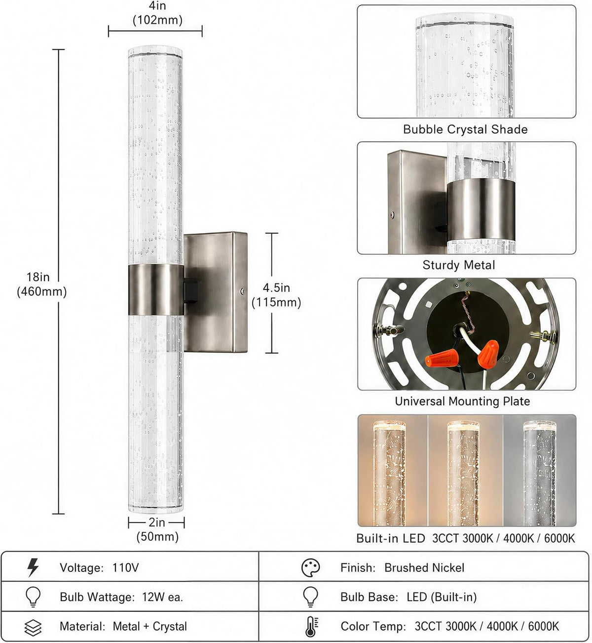 Modern Wall Sconces Set of Two, 3CCT Crystal Bathroom Sconces Wall Light, Brushed Nickel Vanity Light Fixture, Sconce