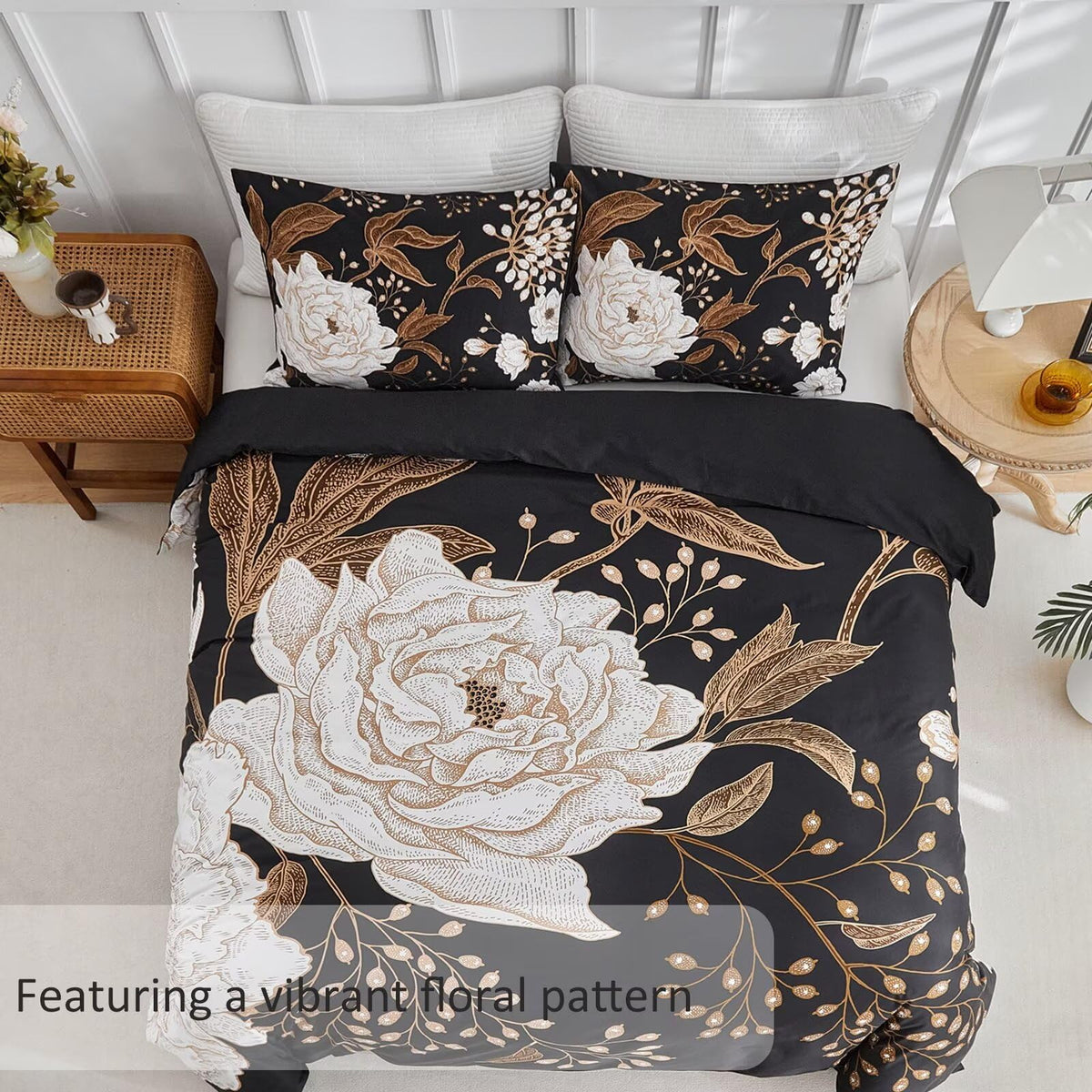 Bold Floral Black Duvet Cover Full Bedding Set Luxurious Premium Cotton Comforter Duvet Cover Vintage Gothic Style