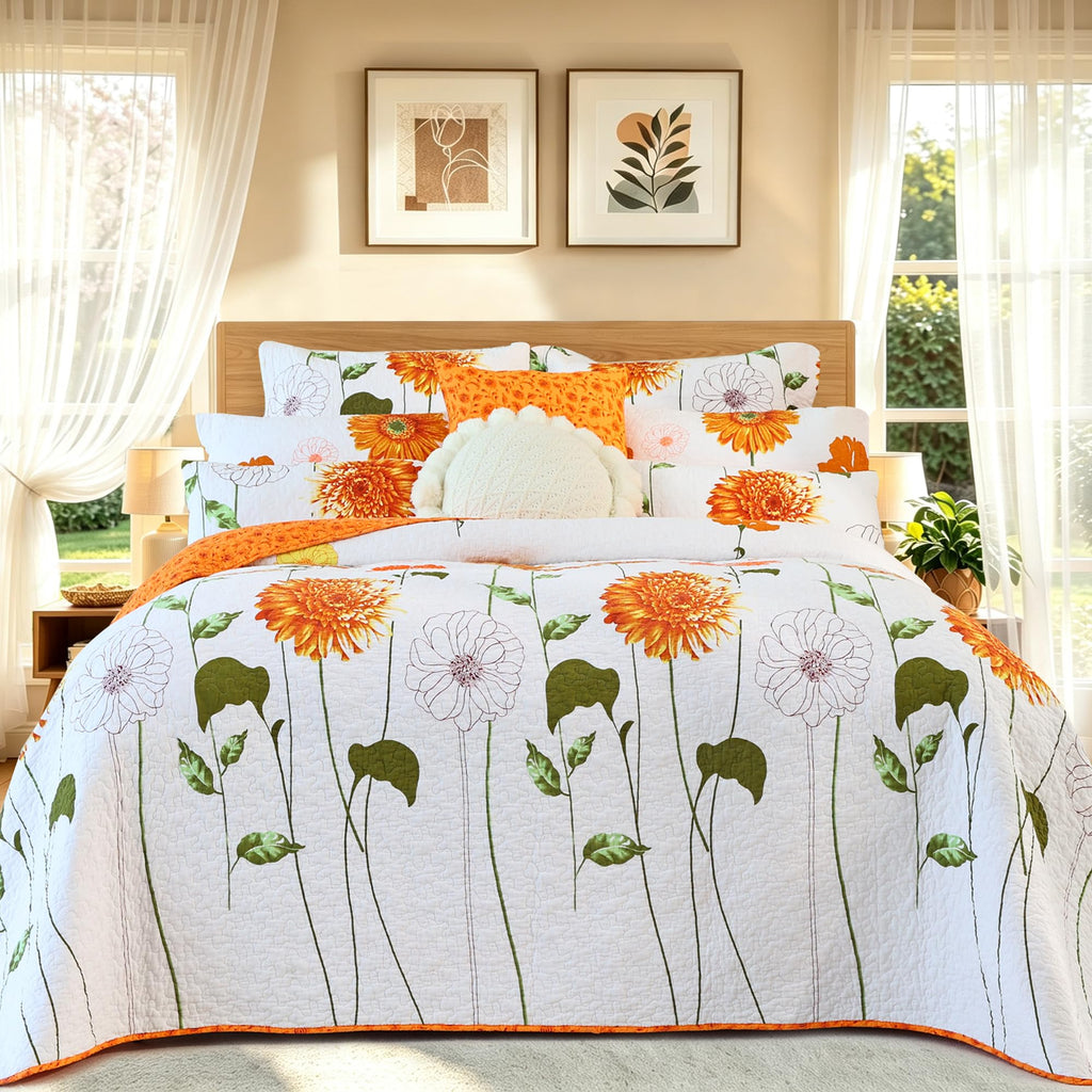 100% Cotton Quilt Set Orange Sunflower Floral Bedding Sets with Pillow Shams Breathable Lightweight