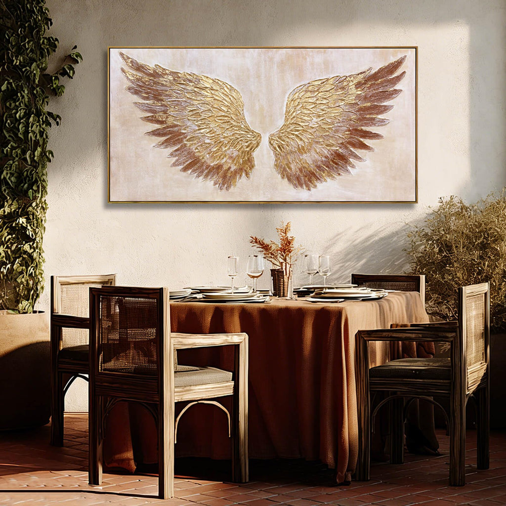 Gold Feather Wall Art, Textured Canvas Bedroom Home Decor 24"x48"