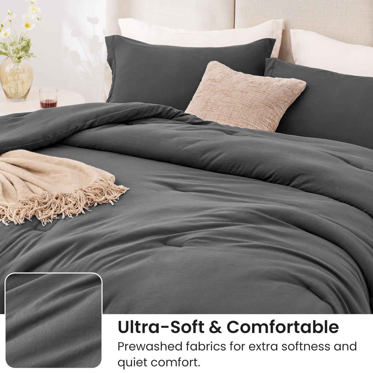 Dark Grey Comforter Set, 3-Piece Prewashed Bed Set