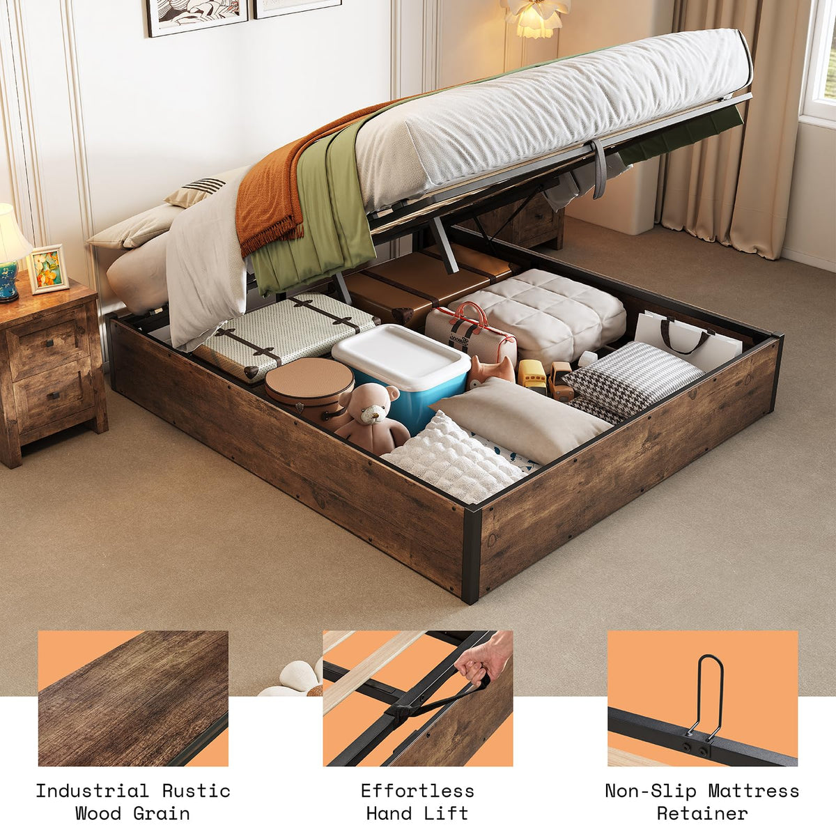 Lift Up Storage Bed Frame, Rustic Brown