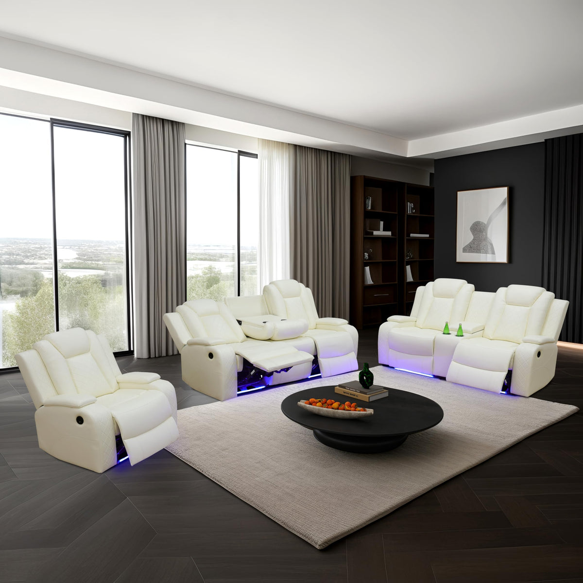Power Leather Recliner Sofa Set with LED Light