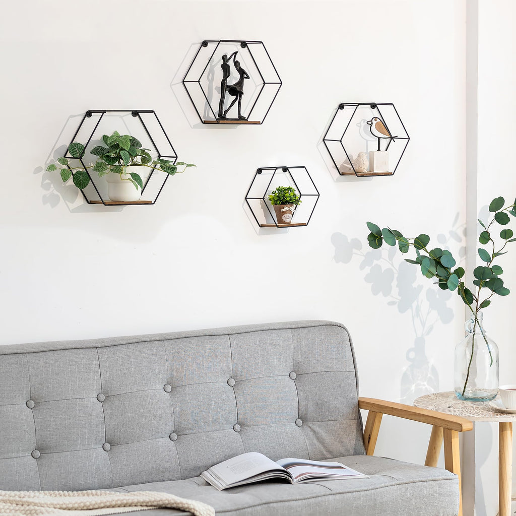 Hexagon Shelves Black for Wall - Metal Wood Floating Honeycomb Shelf - Hanging Planter Shelves Bedroom Bathroom Set