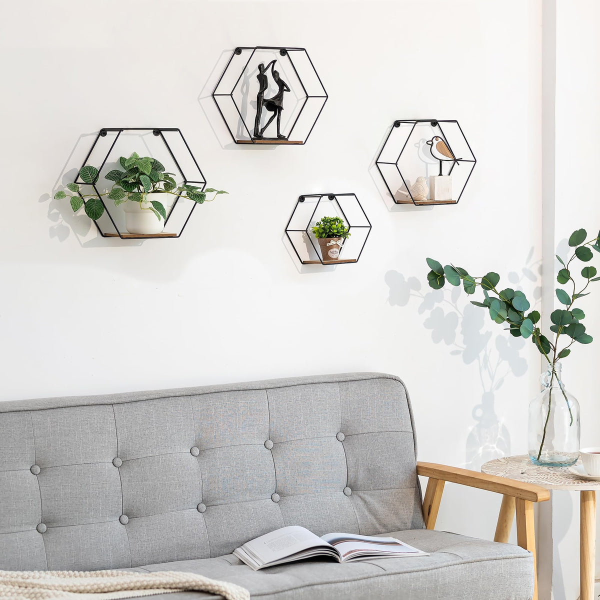 Hexagon Shelves Black for Wall - Metal Wood Floating Honeycomb Shelf - Hanging Planter Shelves Bedroom Bathroom Set