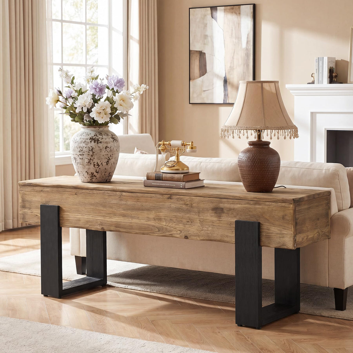 63-Inch Solid Wood Entryway Bench, Farmhouse Indoor Shoe Bench with Thickened Legs, Heavy Duty Wooden End of Bed