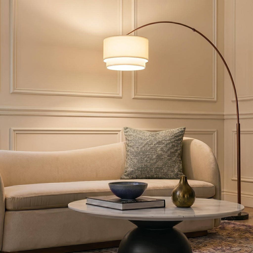 Inspired Arco Style Mason Arc Floor Lamp - Modern Corner Standing Lamp with Unique Hanging Drum Lamp Shade - Bright Overhead, Curved