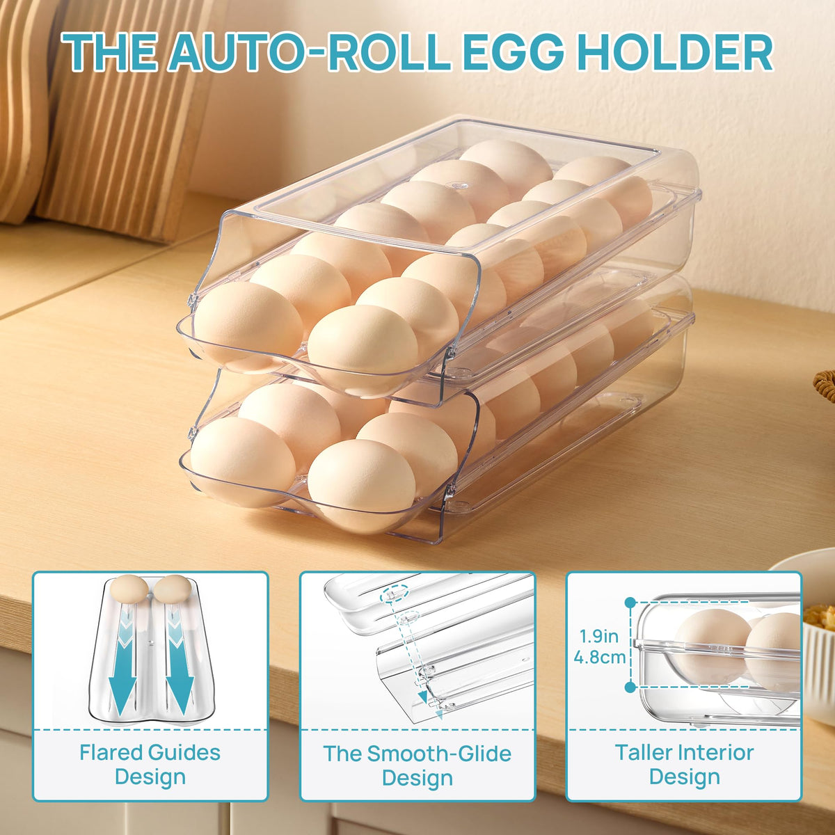 2 Pack Egg Holder for Fridge, Automatic Rolling Egg Container