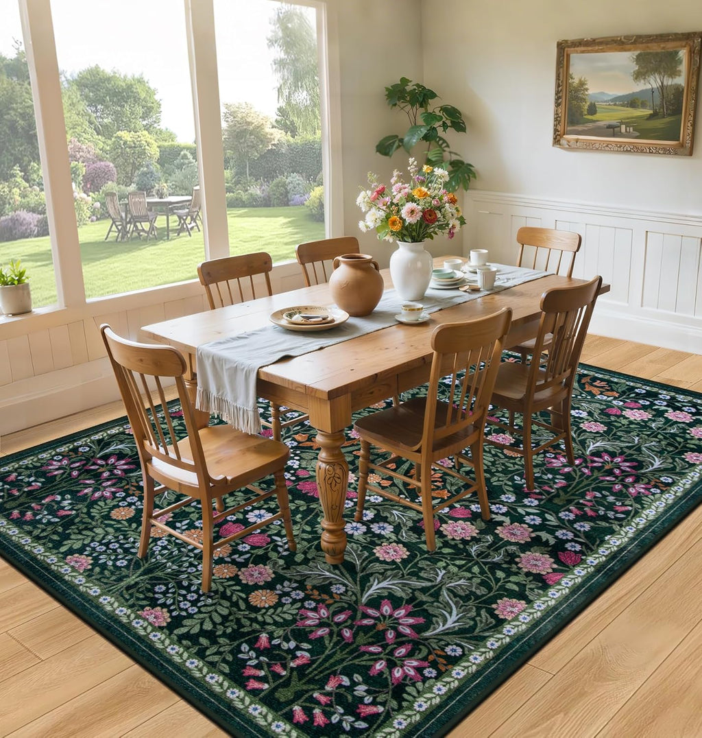Area Rugs for Living Room: Floral Washable Rug Vintage Large Soft Boho Non-Slip Carpet Stain Resistant Low Pile