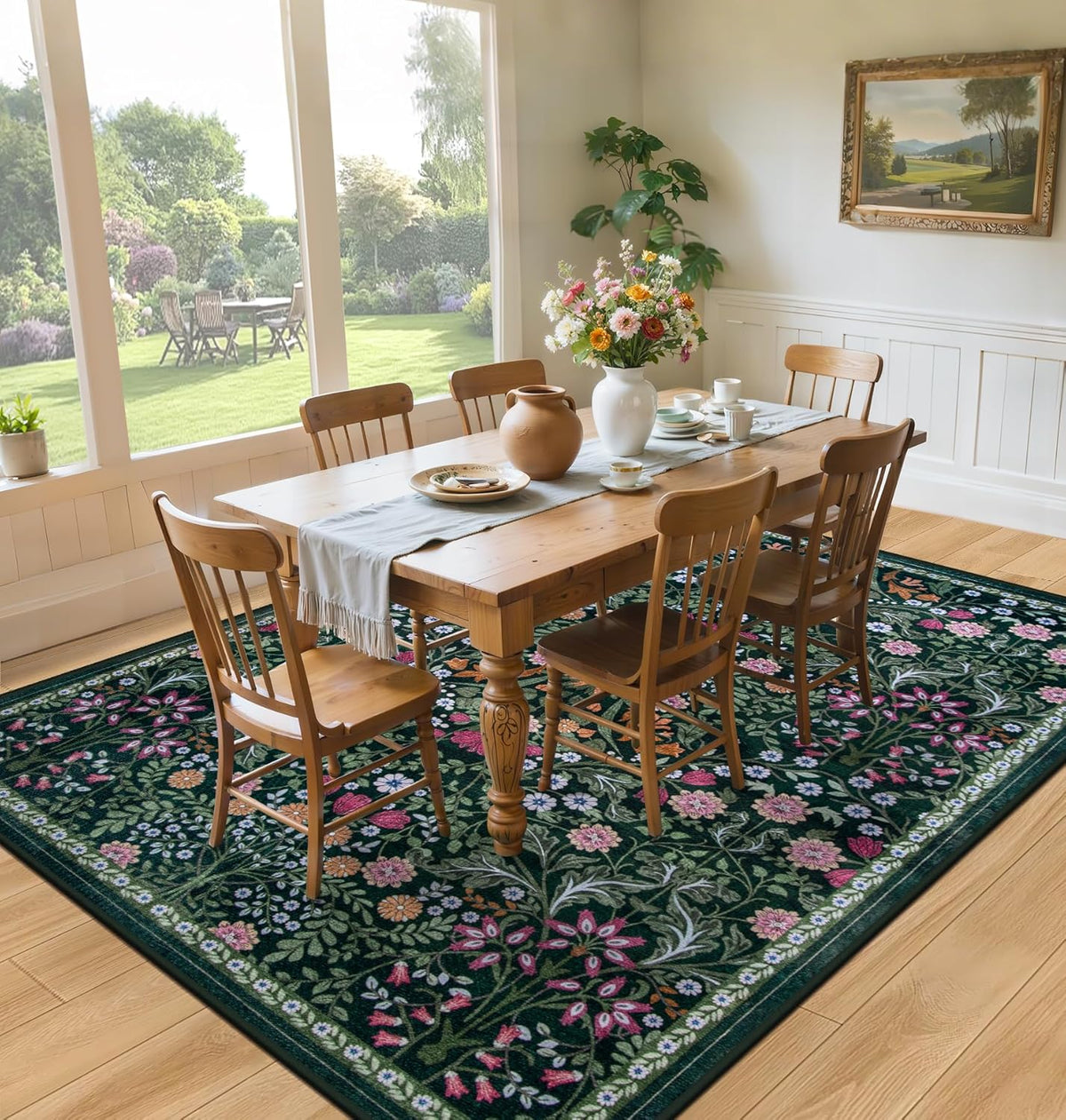 Area Rugs for Living Room: Floral Washable Rug Vintage Large Soft Boho Non-Slip Carpet Stain Resistant Low Pile