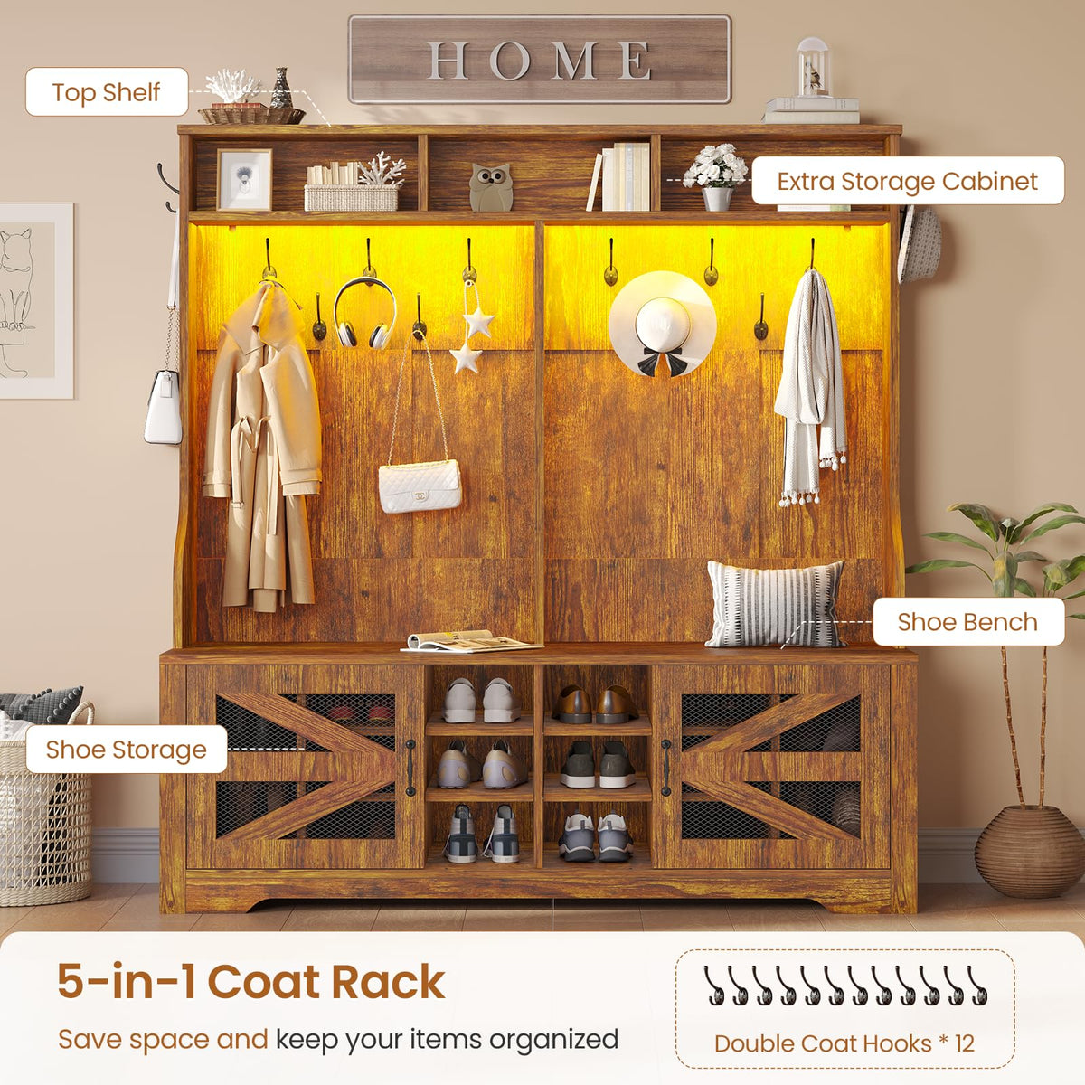 Hall Tree with Bench and Shoe Storage, 5-in-1 Entryway Bench with Coat Rack, 16 Shoe Cubbies & 12 Coat Hooks, Barn
