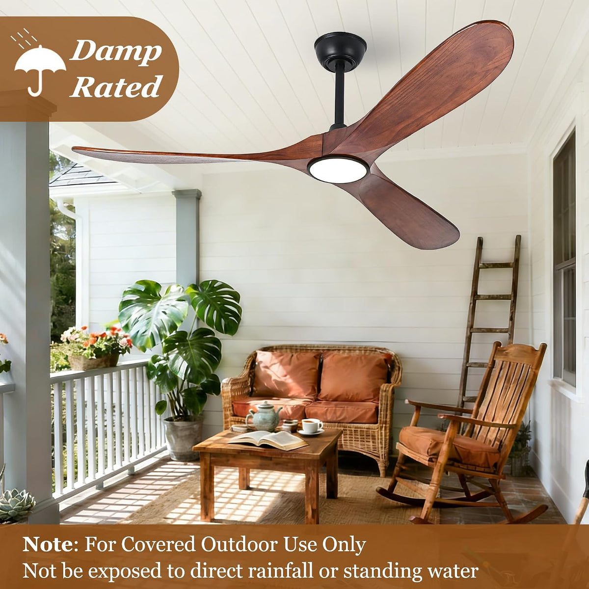 52" Wood Outdoor Ceiling Fan with Light & Remote