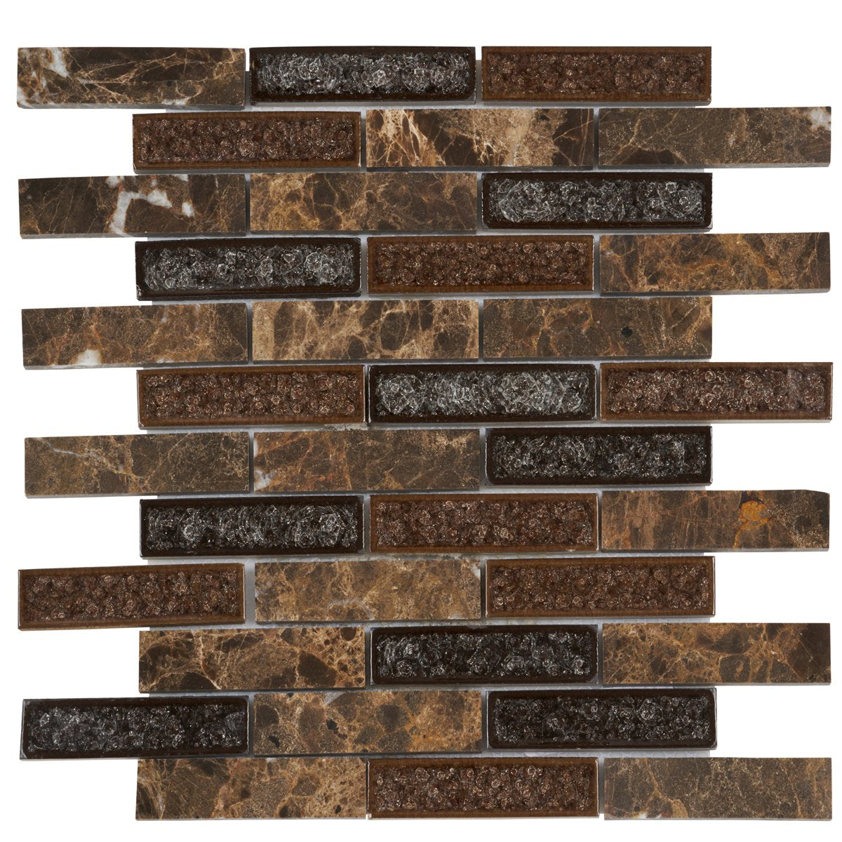 TDH175MO Emperador Dark Brown Marble Stone Mosaic Tile, Crackle Glass Blended Brick Joint Pattern Backsplash