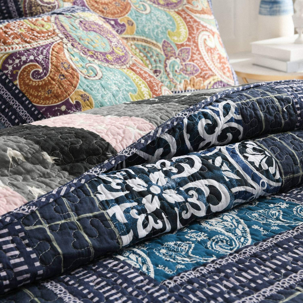 Bedspread Quilt Set with Real Stitched Embroidery, Paisley Grid Pattern, Queen Size