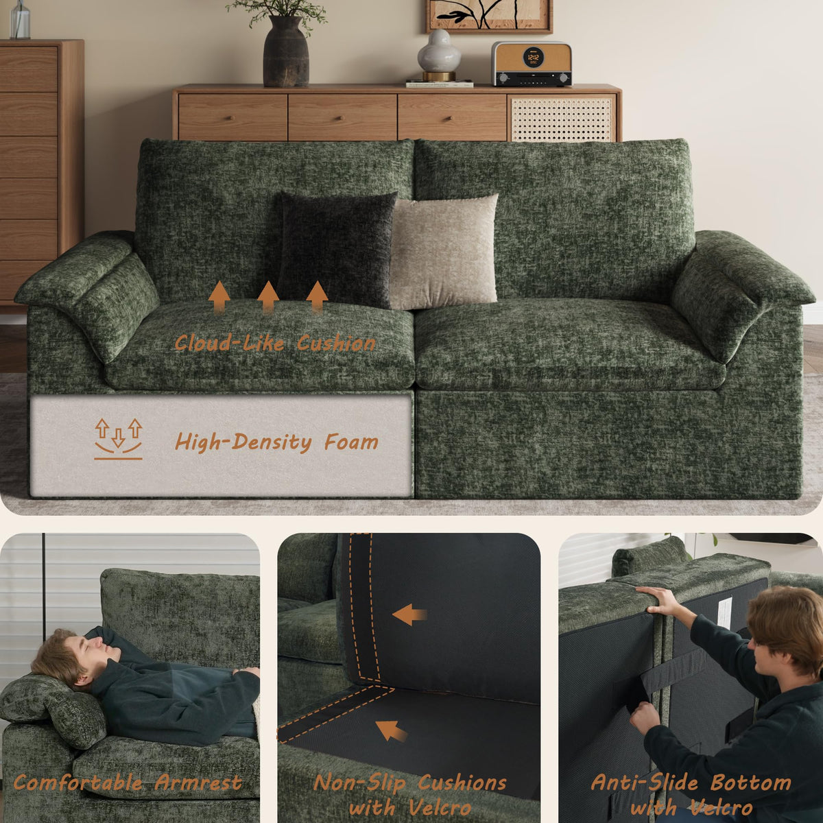 Boneless Sectional Couch, Cloud Sofa Bed, Green
