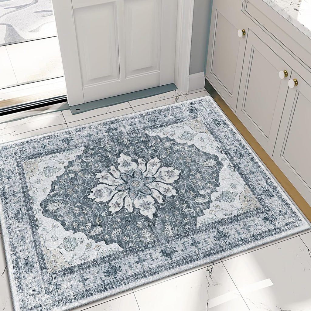 Area Rugs Washable Non-Slip, Floral Vintage Distress Print Pattern Medallion Carpet for Living Room Bedroom Dining Room