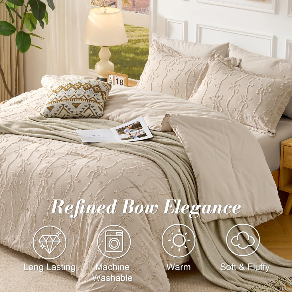 7 Pieces Bow Tufted Boho Comforter Set Khaki Farmhouse Shabby Chic Embroidered Bedding for All Seasons Queen Size