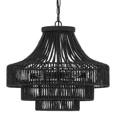 20" Black Wood Beaded Rattan Chandelier Boho Hand for Dining Living Room Kitchen Bedroom, UL Listed