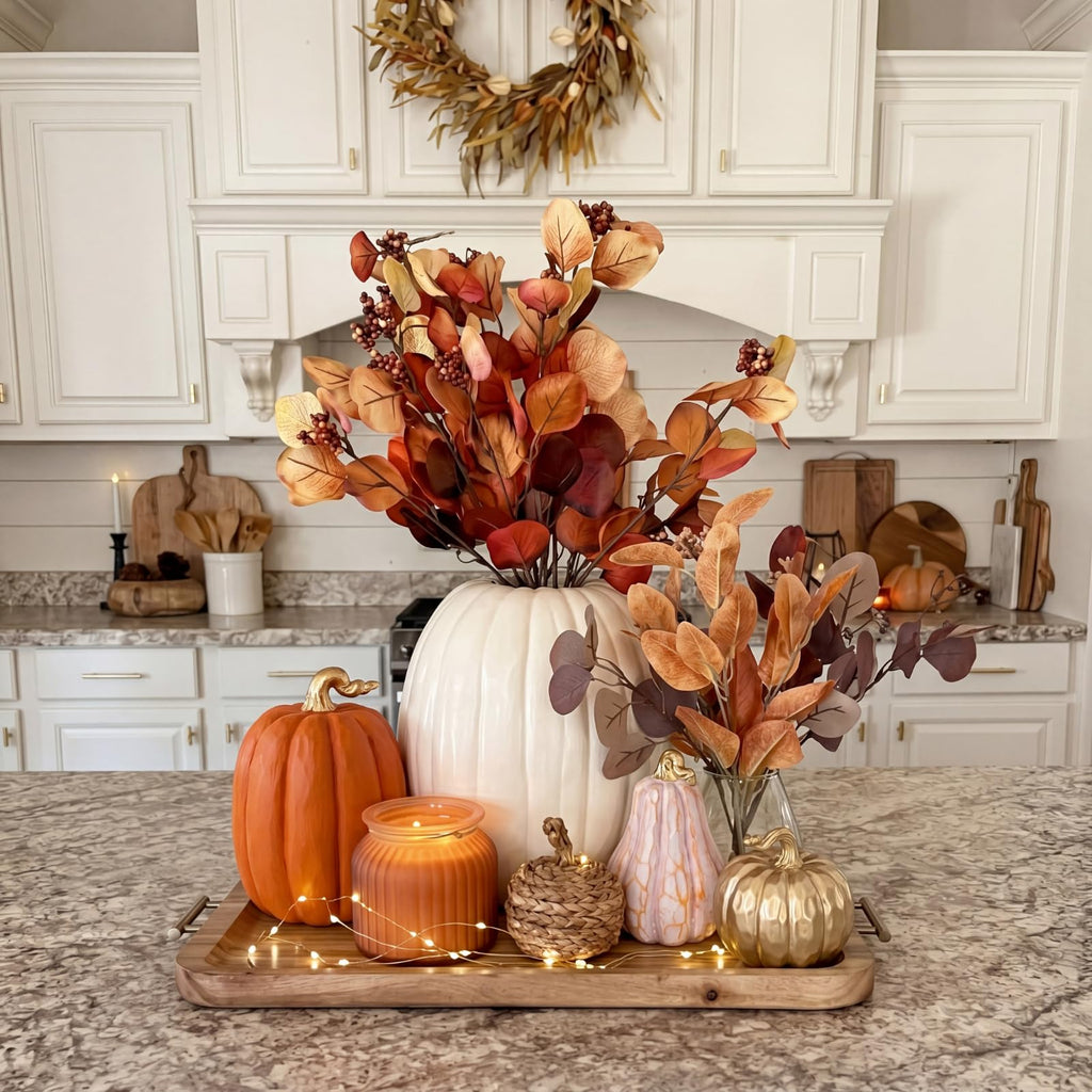 3 Pack Fall Pumpkin Decor White and Gold Resin Pumpkin Statues