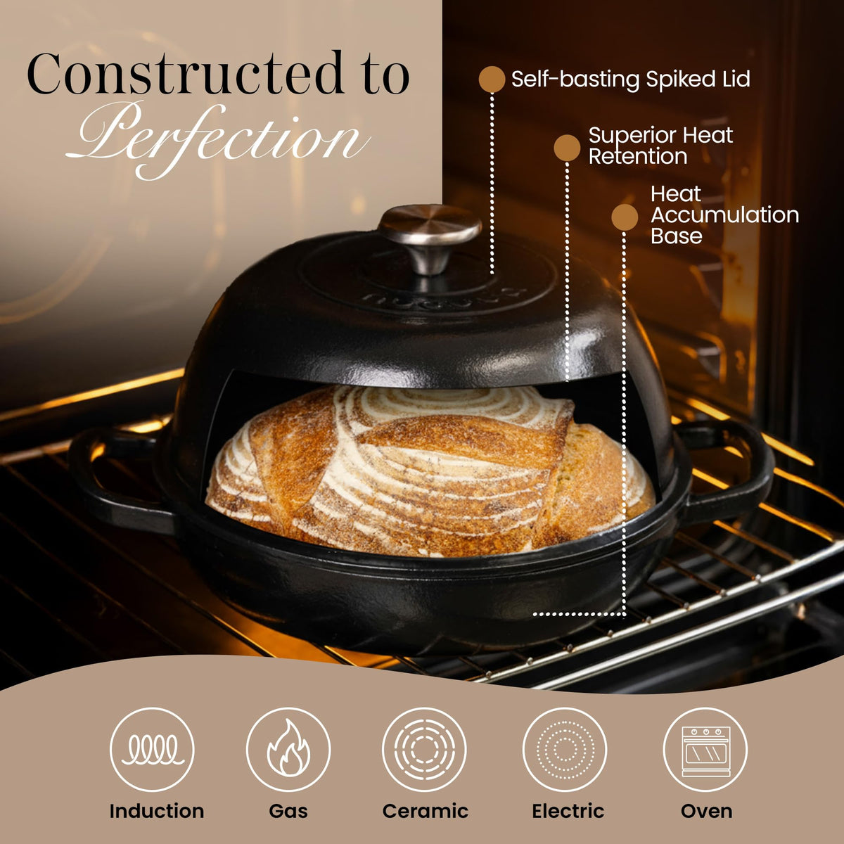 Enamelled Cast Iron Dutch Oven Pot - Dutch Oven For Sourdough Bread Baking - Cast Iron Bread Pot - Black, 6 Quarts