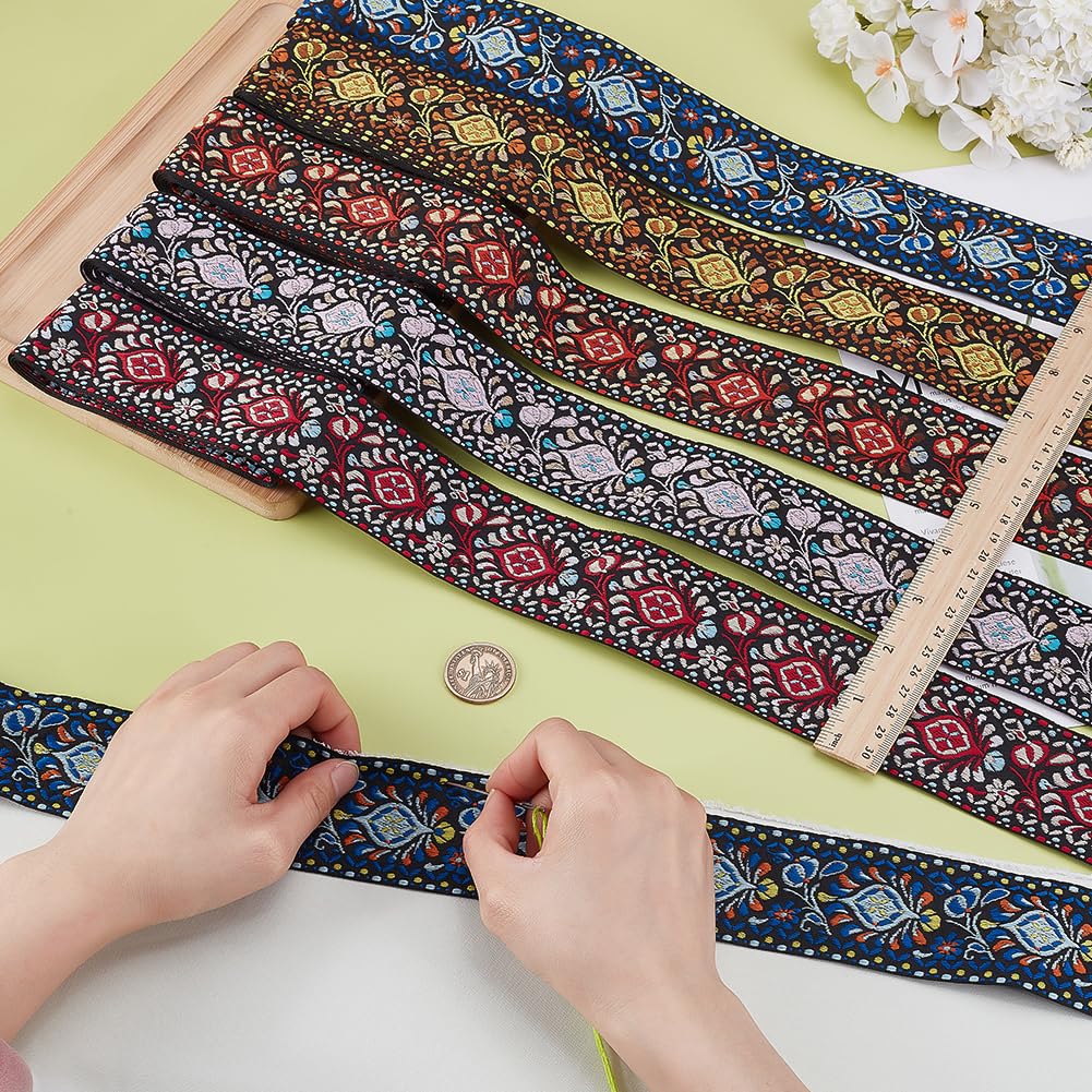Vintage Jacquard Ribbon 5 Color Emobridered Woven Ribbon 1-7/8 Inch Floral Fabric Trim Curtain Trim for DIY - 10 Yards