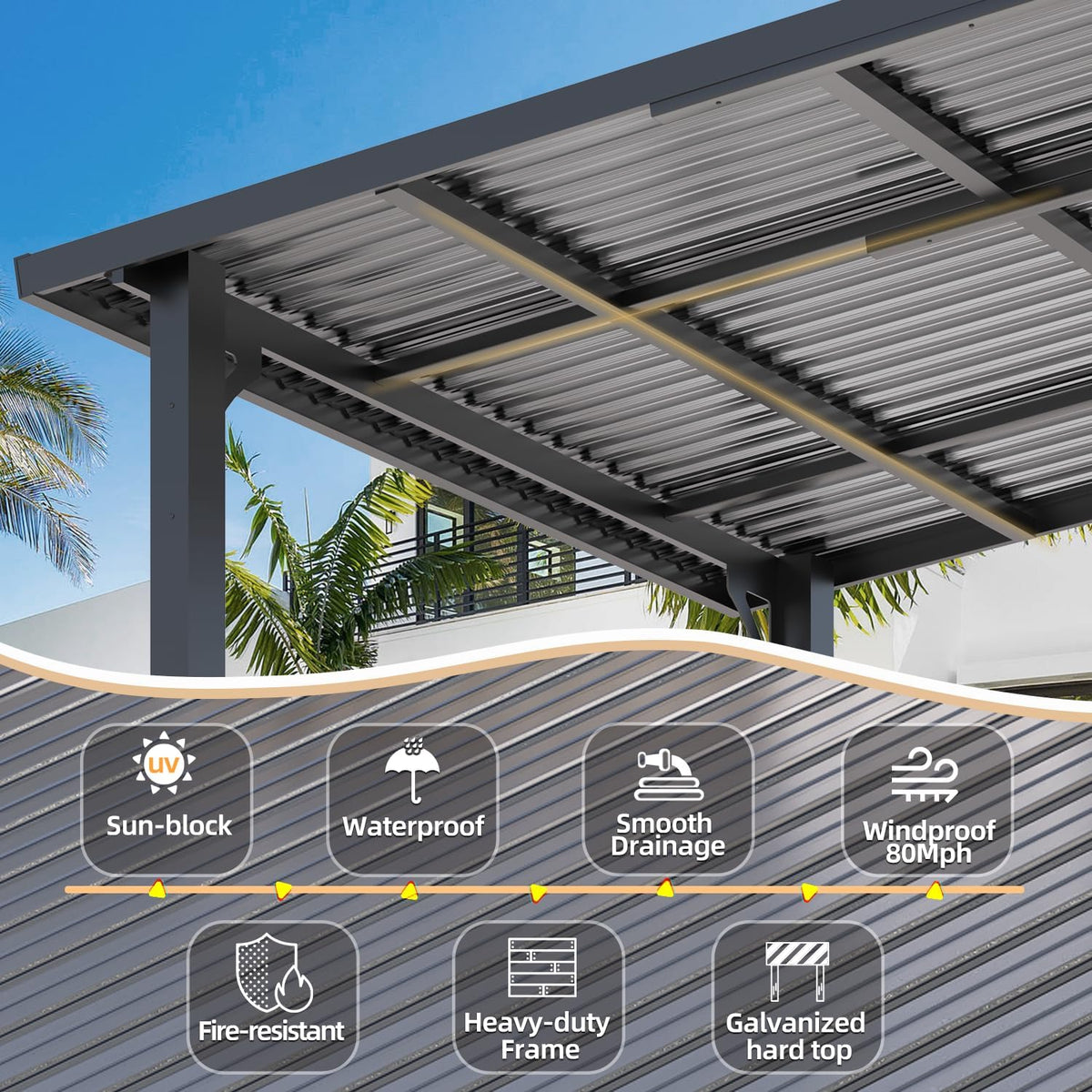 14' x 10' Outdoor Hardtop Gazebo Pergola, 10x14 Large Galvanized Steel Heavy Duty Lean to Wall-Mounted Pergolas and