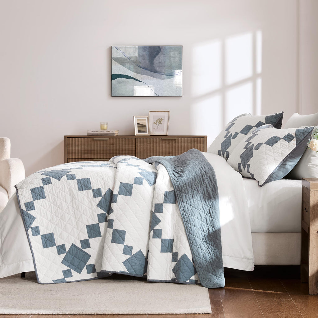 100% Cotton Quilt California, Oversized Lightweight Reversible Gingham Patchwork Bedding Set with 2