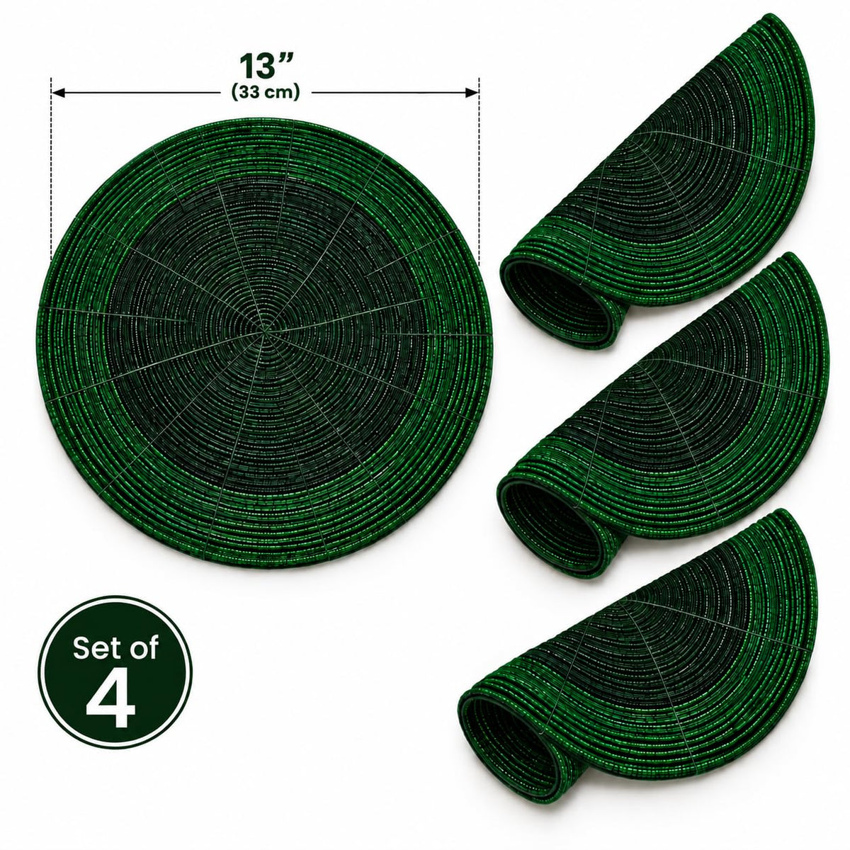 Beaded Round placemats Set of 4, 13 Inch Charger Green Tonal