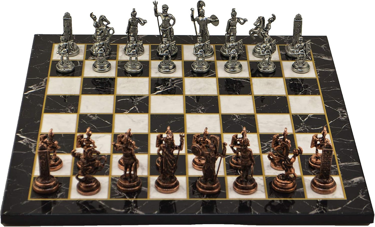 Metal Chess Set for Adults Greek Zeus Antique Copper Figures,Handmade Pieces and Marble Design Wooden Chess Board