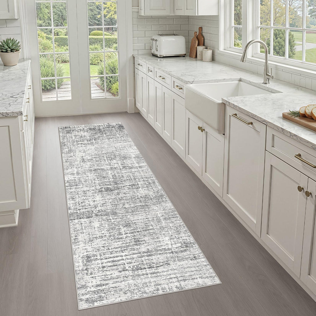 Runner Rug 3x8 Washable Non-Slip Kitchen Neutral Rug Grey