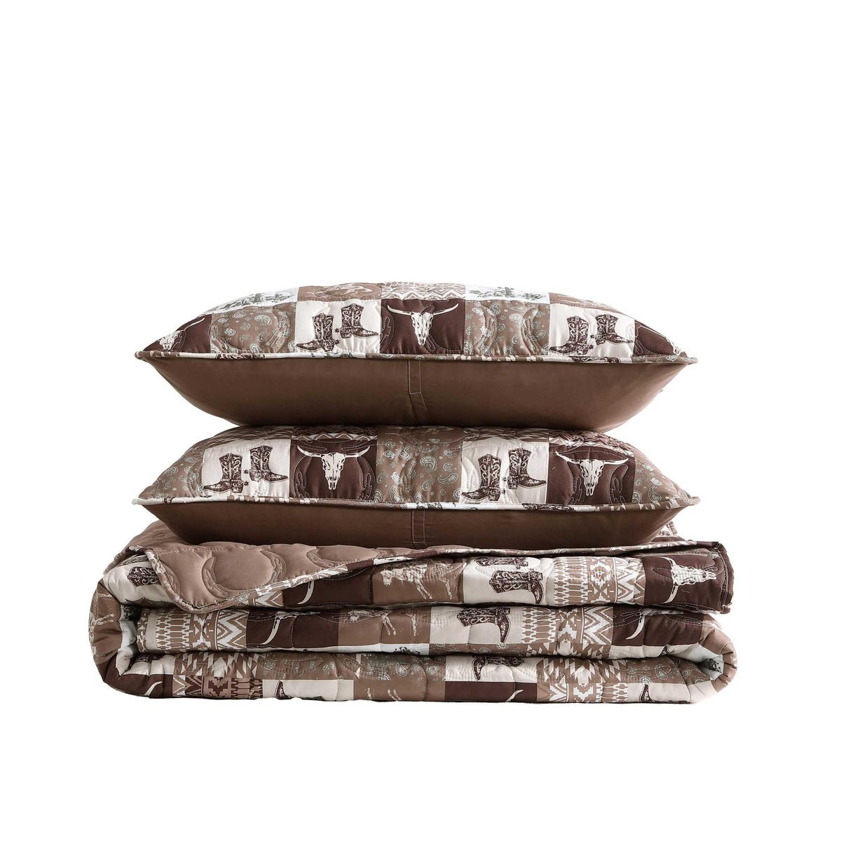 Quilt Set with Matching Shams, Soft & Reversible Bedding for Year Round Comfort, Fall Western Patch Brown