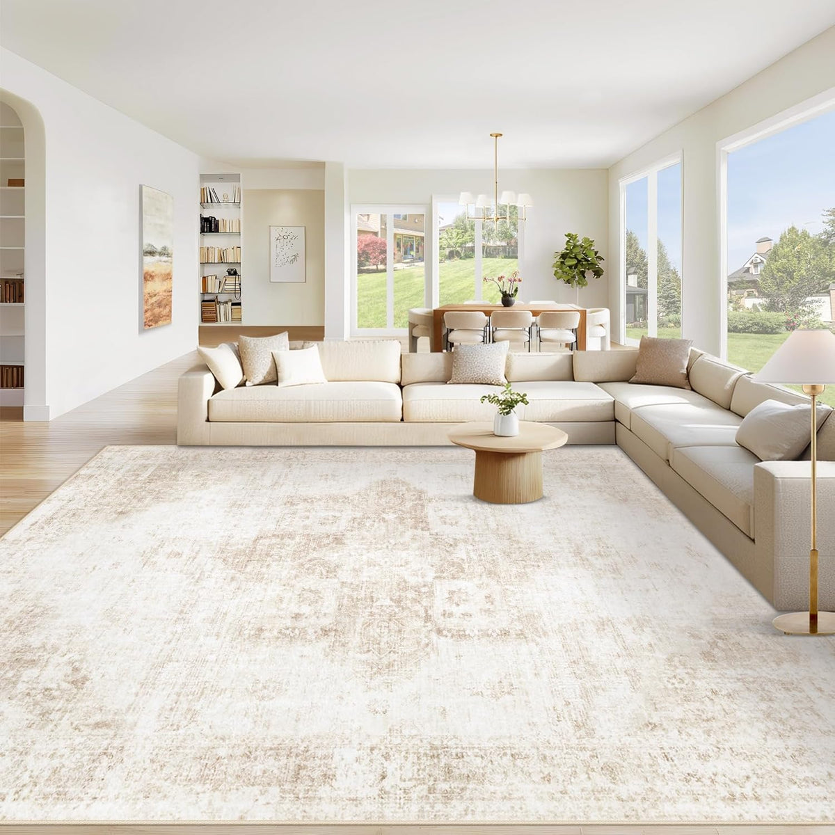Area Rug Washable Rug, Vintage Boho Medallion Rugs Non-Slip Soft Low Pile Large Distressed Rug Indoor Retro