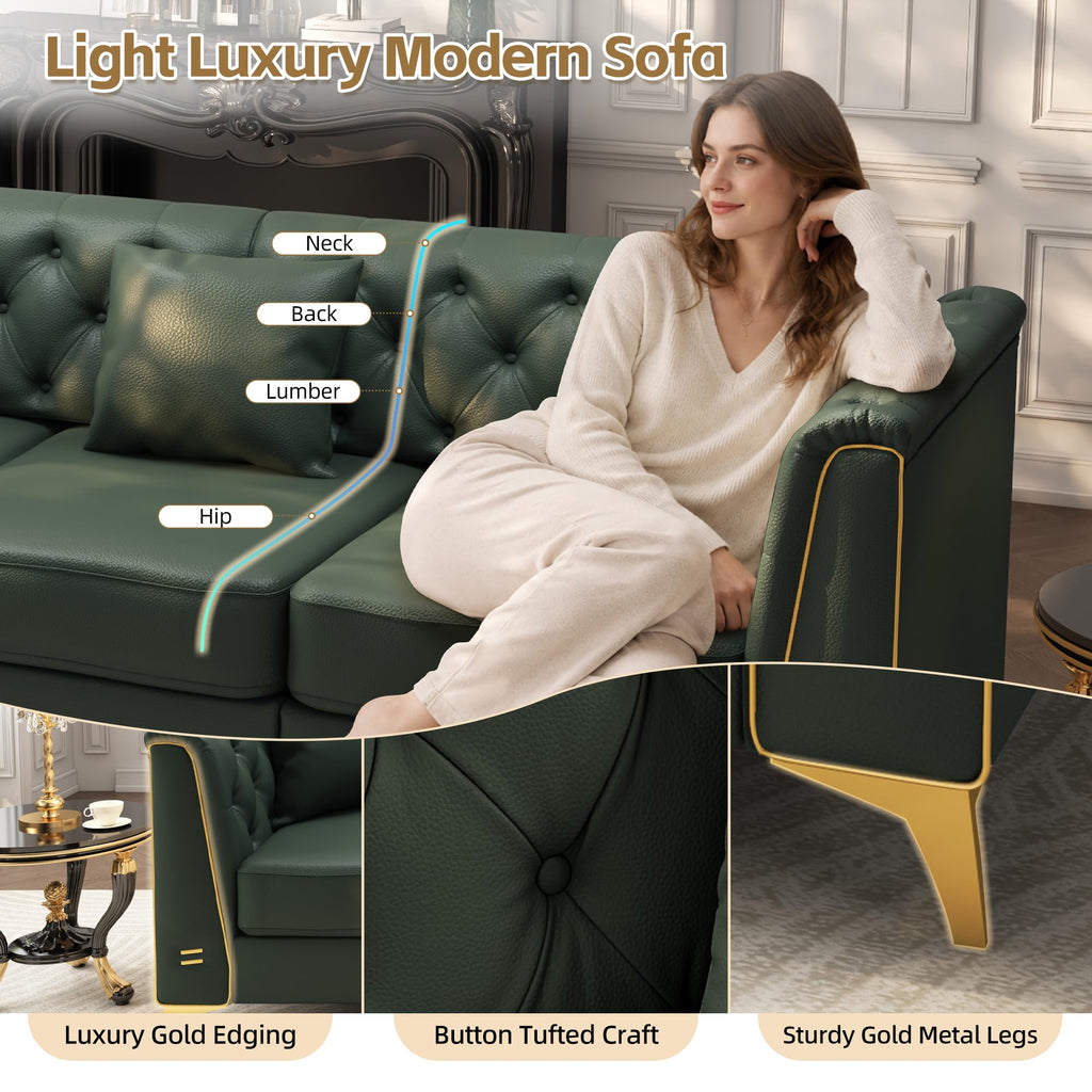 3-Piece Light Luxury Chesterfield Faux Leather Sofa Set (Green)
