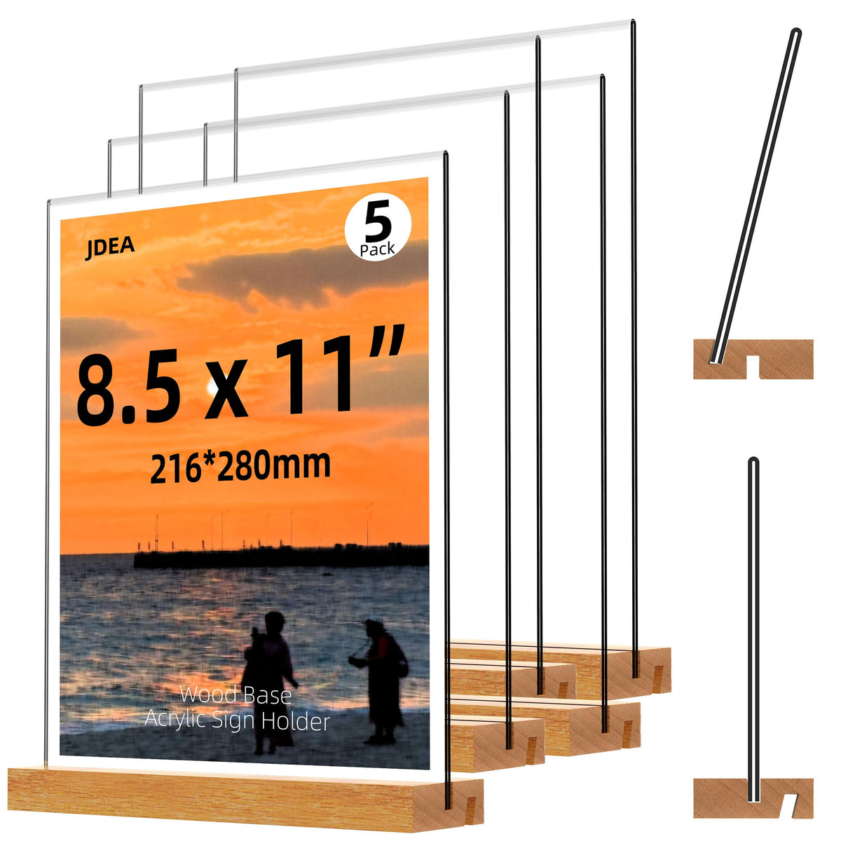 Acrylic Sign Holder with Wood Base 8.5x11 Inch Vertical and Slant Displays (5 Pack 8.5*11")