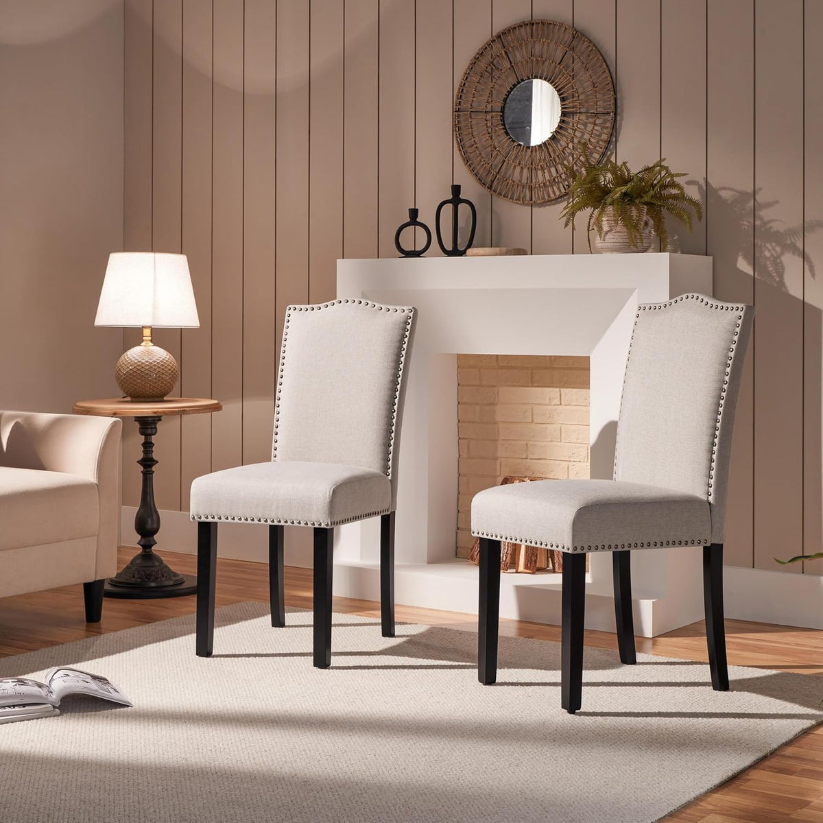 Dining Chairs Set of 2 Modern Kitchen Chairs with Fabric Upholstered Seat and Solid Wood Legs for Home Kitchen, Beige