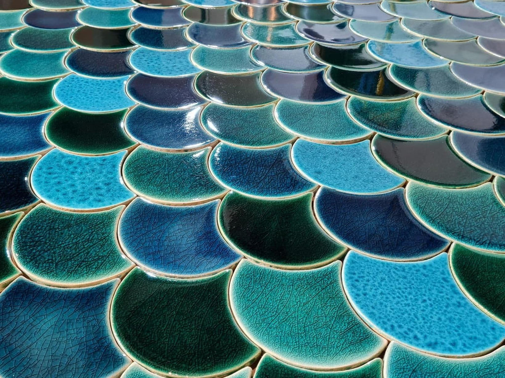 Fish Scale Tiles - Marlin - Ceramic Mermaid Tiles in Fish Scale Pattern - 48 Pieces (0.3 m2), 12 x 10.5 cm, Glossy