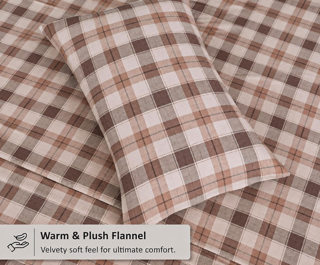 100% Cotton Flannel Sheets, 4 PCs, Beige & Grey Plaid
