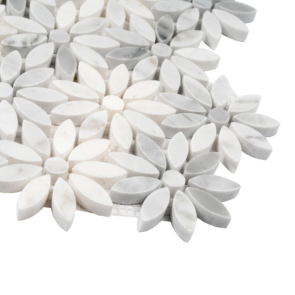 Flower Pattern Marble Mosaic Tile - 4.46 sq ft Box of 5 Sheets - White Gray Bianco Carrara Polished 10.7x12 in Mesh
