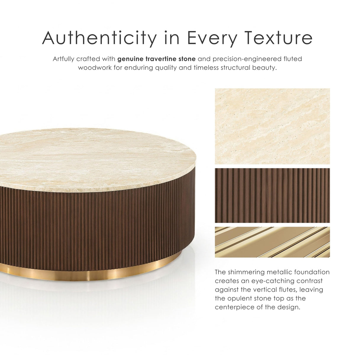 Beryl Travertine Top Coffee Table, Beige and Brown