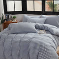 Blue Gingham Duvet Cover Set, 100% Washed Cotton Linen Like