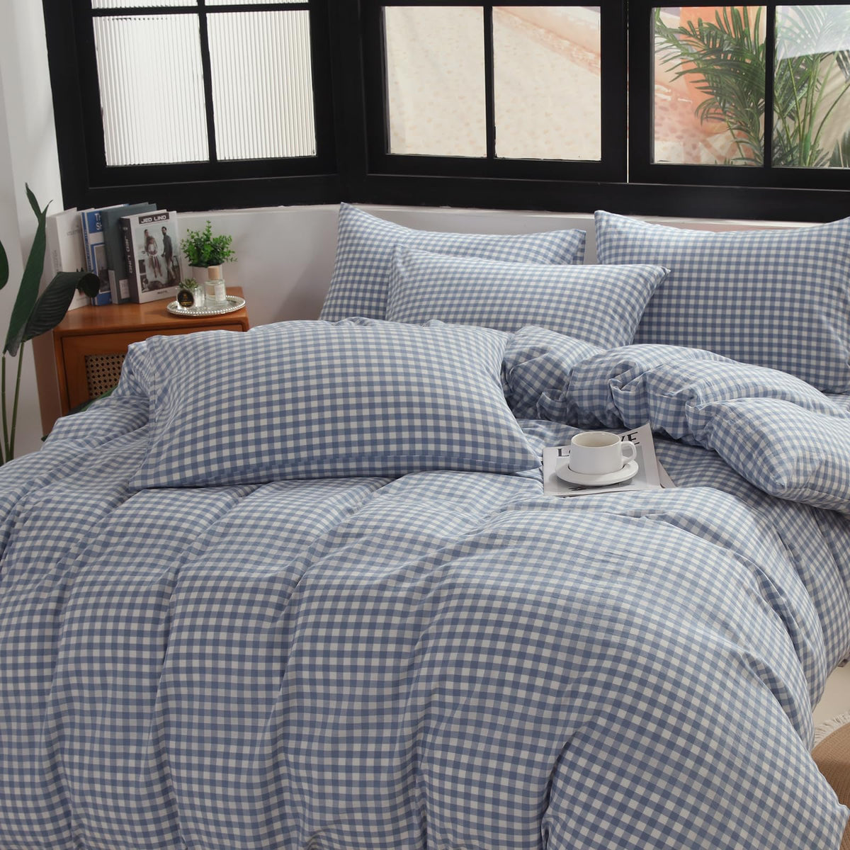 Blue Gingham Duvet Cover Set, 100% Washed Cotton Linen Like