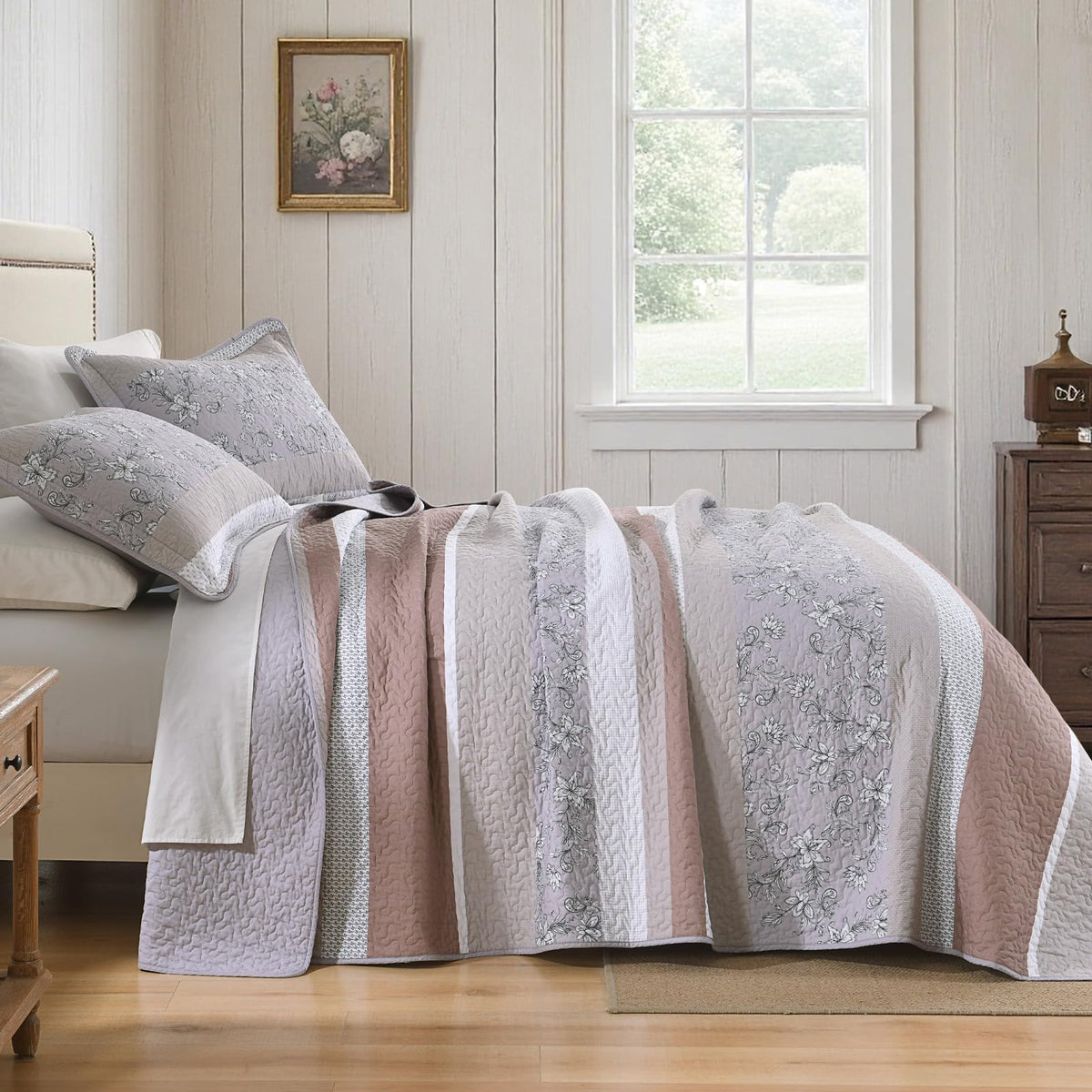 Quilt Set, 100% Cotton, Comforter Set, Farmhouse Botanical Quilted Bedspreads, Bedding Set