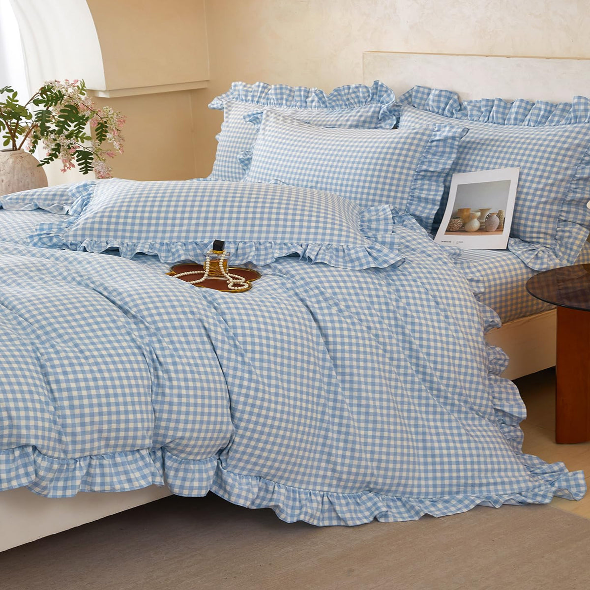 Gingham Ruffle Duvet Cover, Blue Bedding, Farmhouse French Country Style for Bed Decor, 3PCS - Duvet Cover