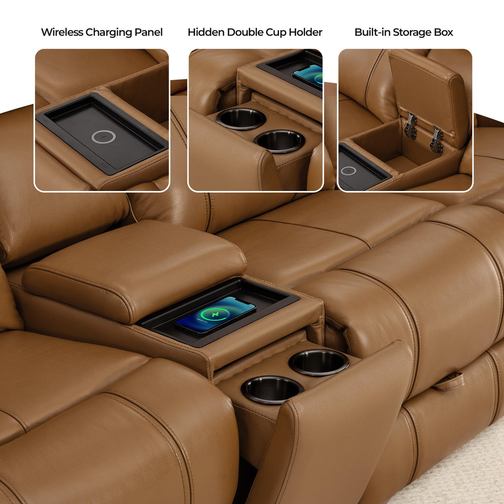 Leather Power Recliner Sofa, Saddle, Loveseat with Console