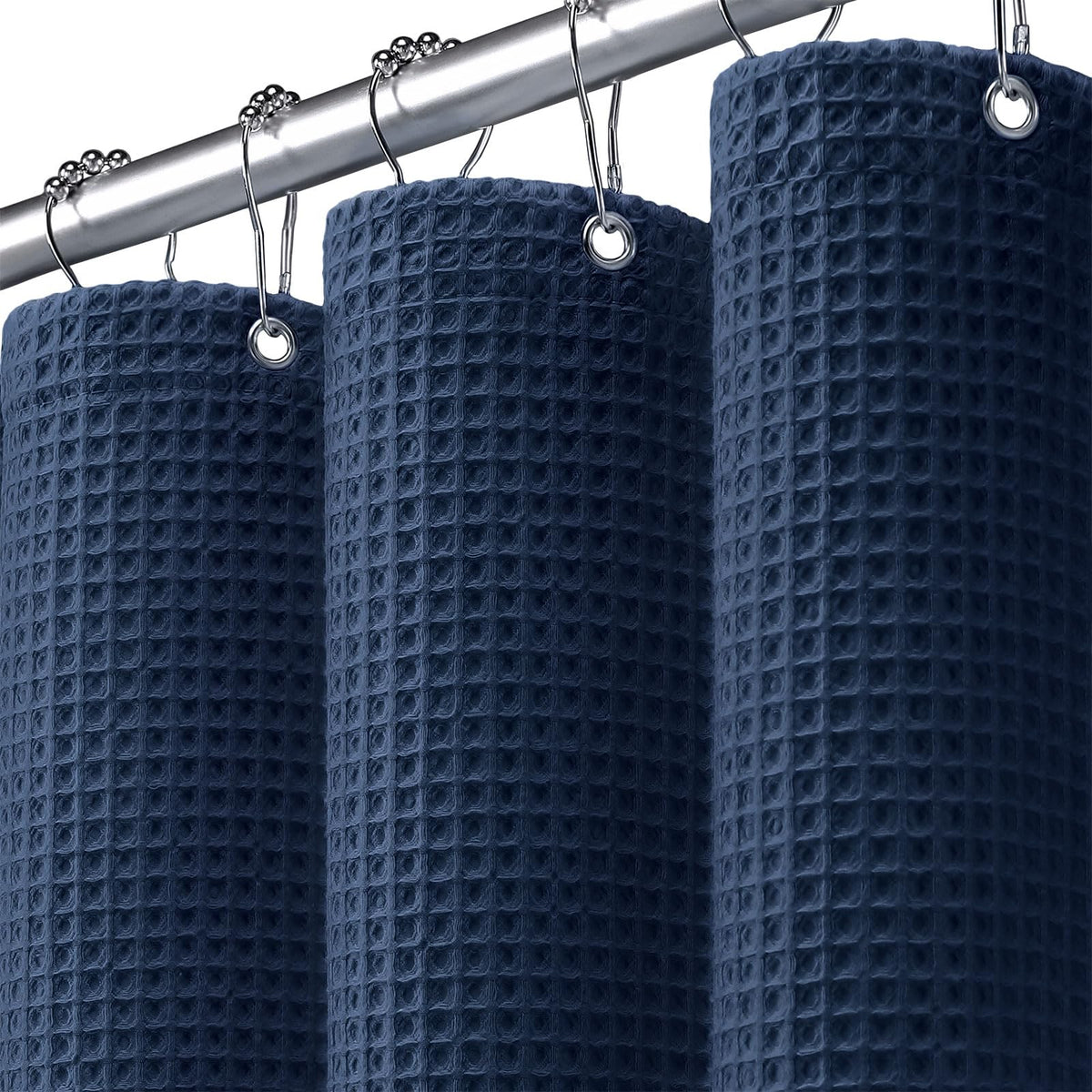 Waffle Weave Shower Curtain Heavyweight Cotton Fabric Navy Blue 72Wx72L