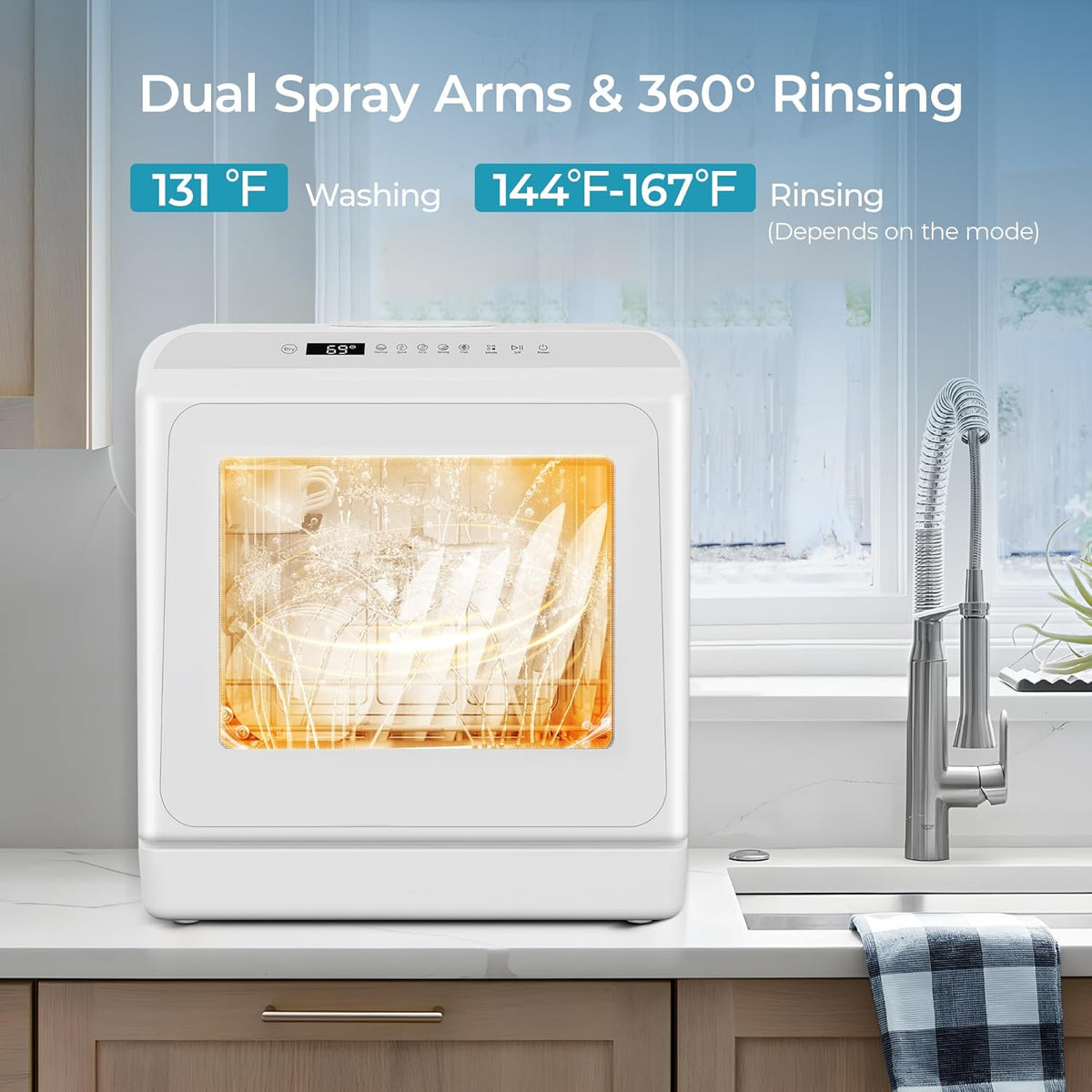 Countertop Dishwasher Portable with 6 Programs, 5L Built-in Water Tank for Apartments, 167℉ High-Temp