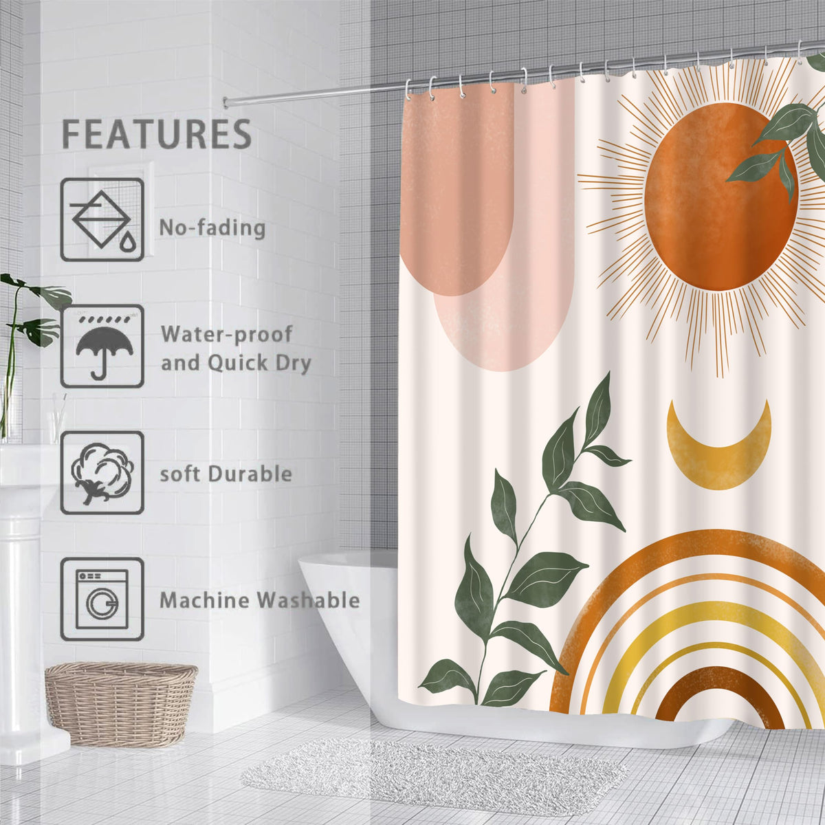 Mid Century Abstract Boho Aesthetic Shower Curtain Set, Green Nature Leaf Sun Modern Minimalist Home Bathroom Curtain