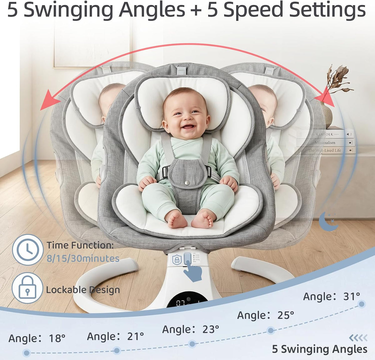 Electric Baby Swing with Point Safety Belt and 5 Adjustable Swing Speeds