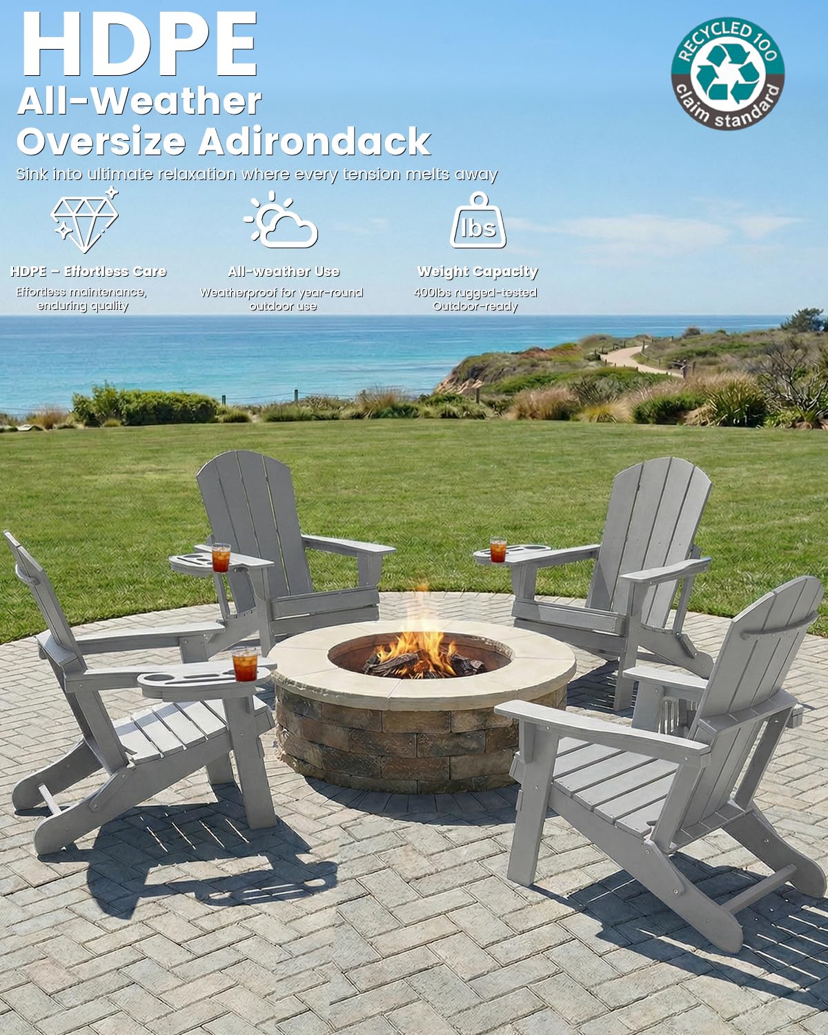 Folding Adirondack Chair Set of 4 with 4-in-1 Cup Holder, Fire Pit Chair